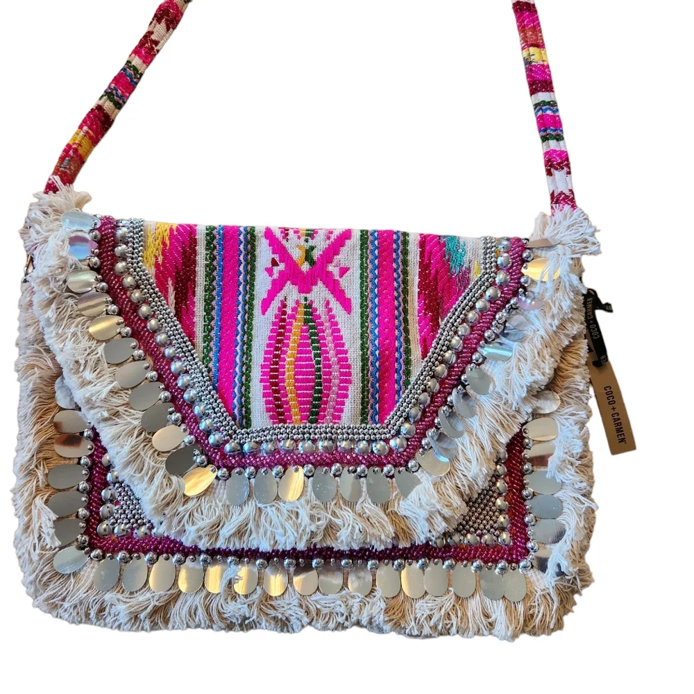 COCO & CARMEN- Sasha Fringe Clutch/Crossbody - Pink Beaded - Picture 2 of 8